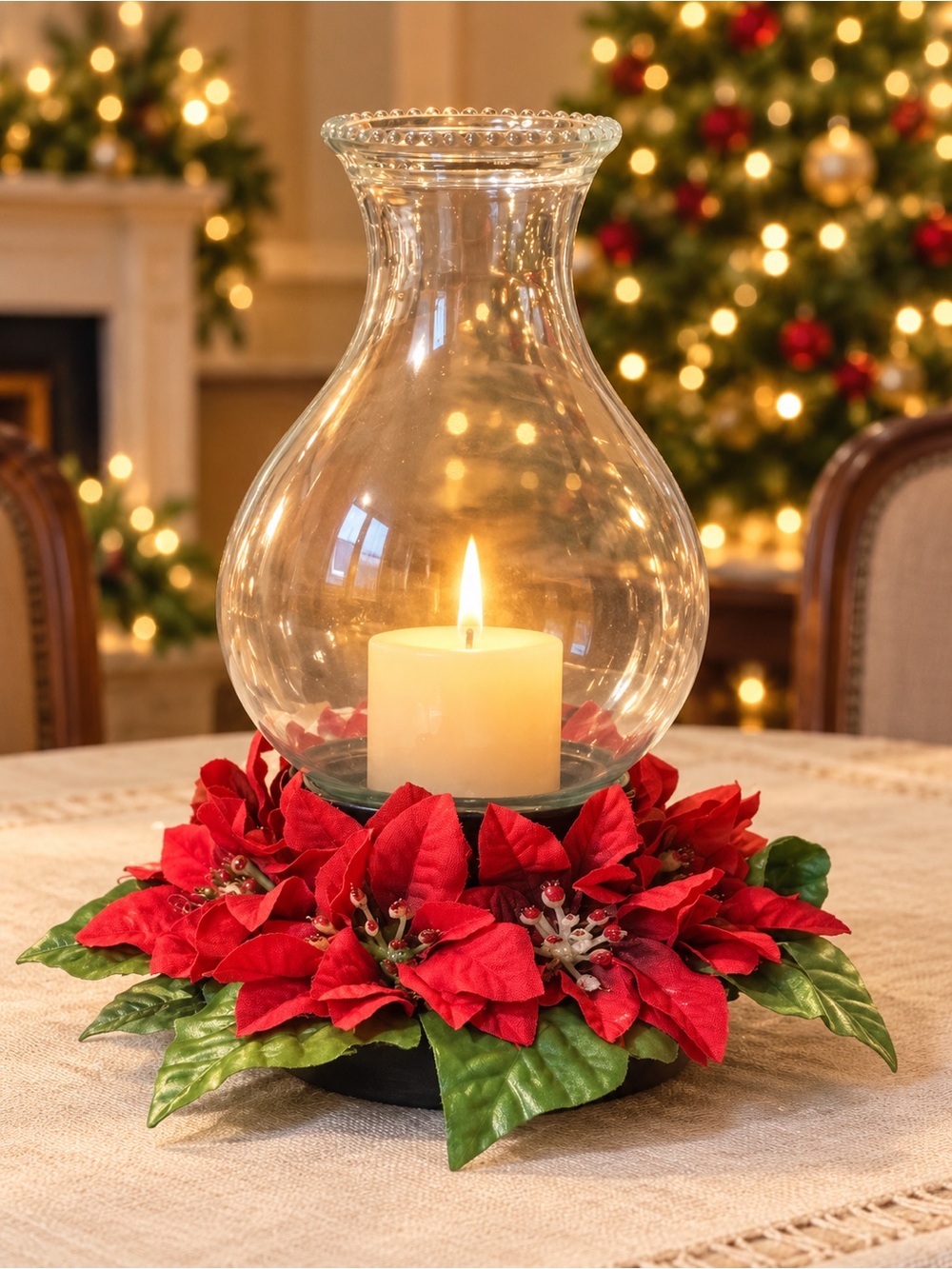 10” Glass Hurricane Candle Holder with Poinsettia Centerpiece